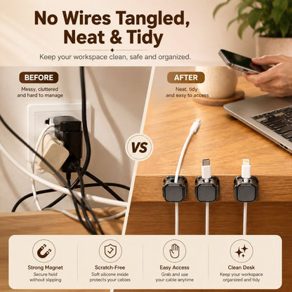 after-desk-organization
Before and after comparison showing Magnetic Cable Clips organizing messy charging cables into a clean, tidy, and easily accessible workspace.
