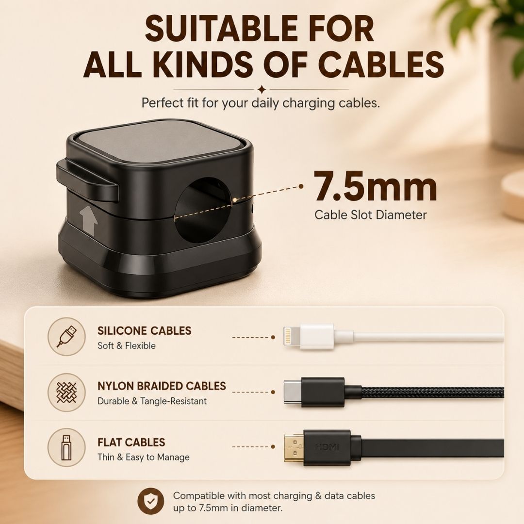 Magnetic Cable Clips compatible with silicone, braided, and flat charging cables up to 7.5mm in diameter.