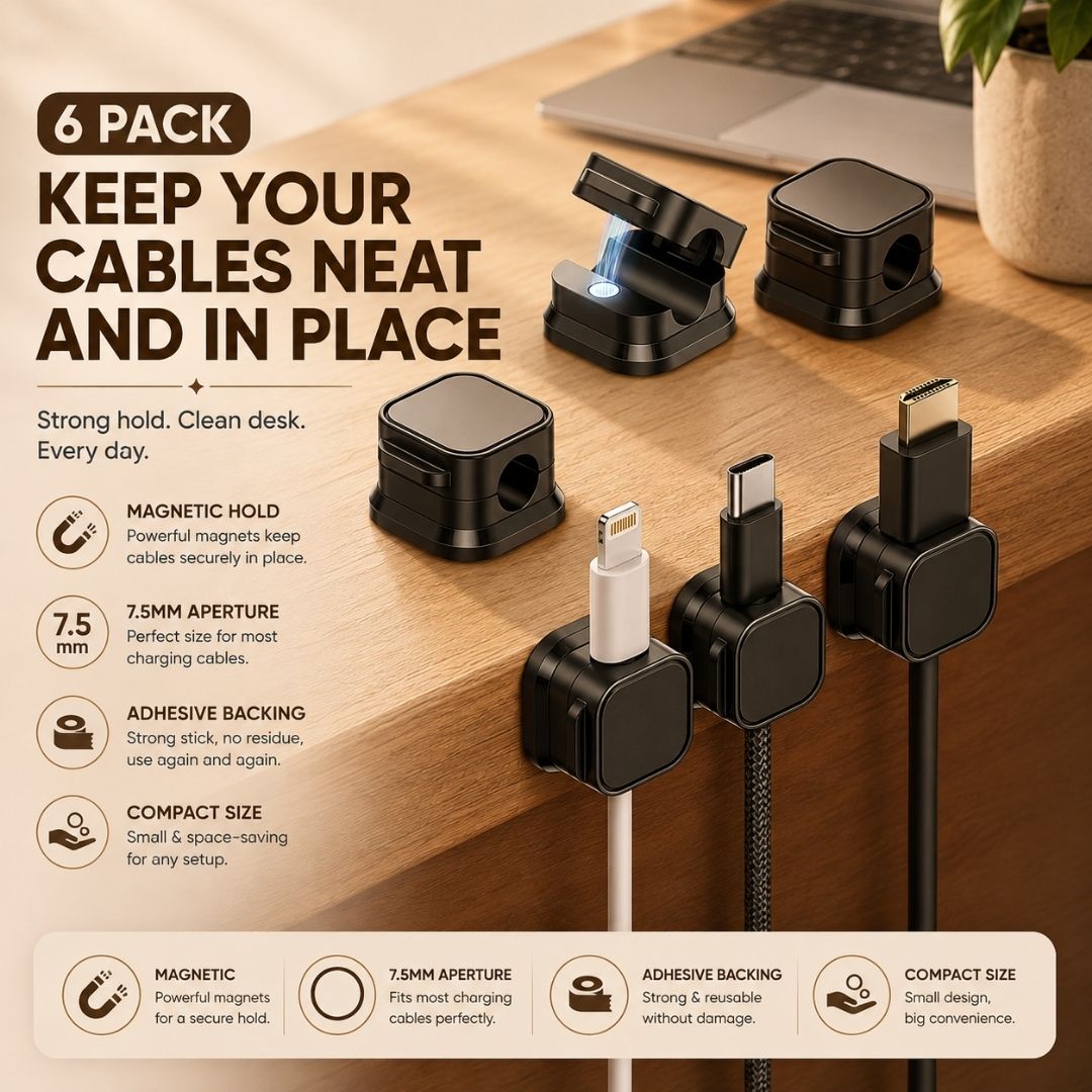 Magnetic Cable Clips holding USB-C, Lightning, and charging cables securely on a desk with strong magnetic closure and reusable adhesive backing.