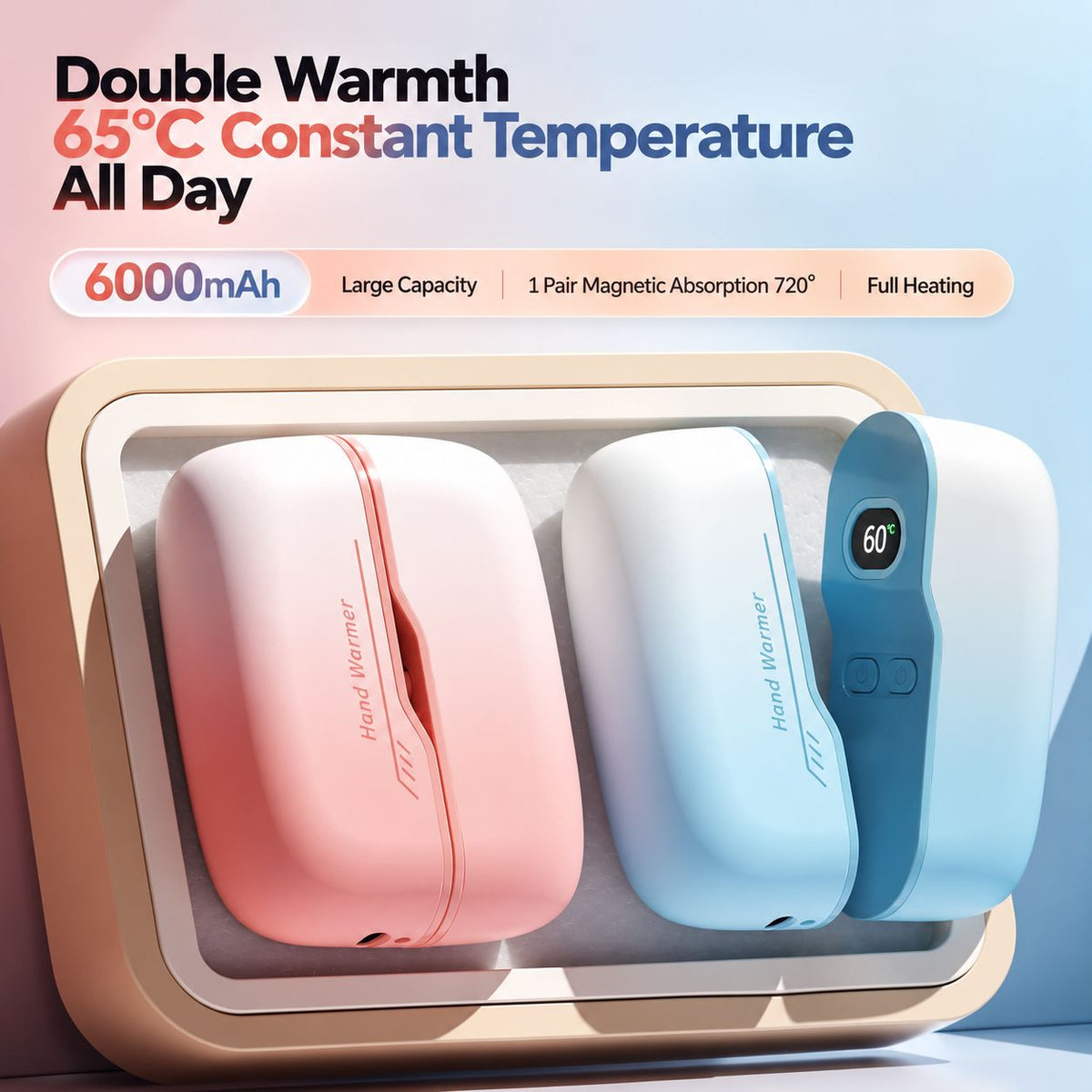 Magnetic hand warmer pair showing 6000mAh capacity and adjustable heating features