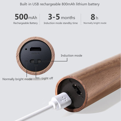Wooden device with USB cable and battery information on a white background