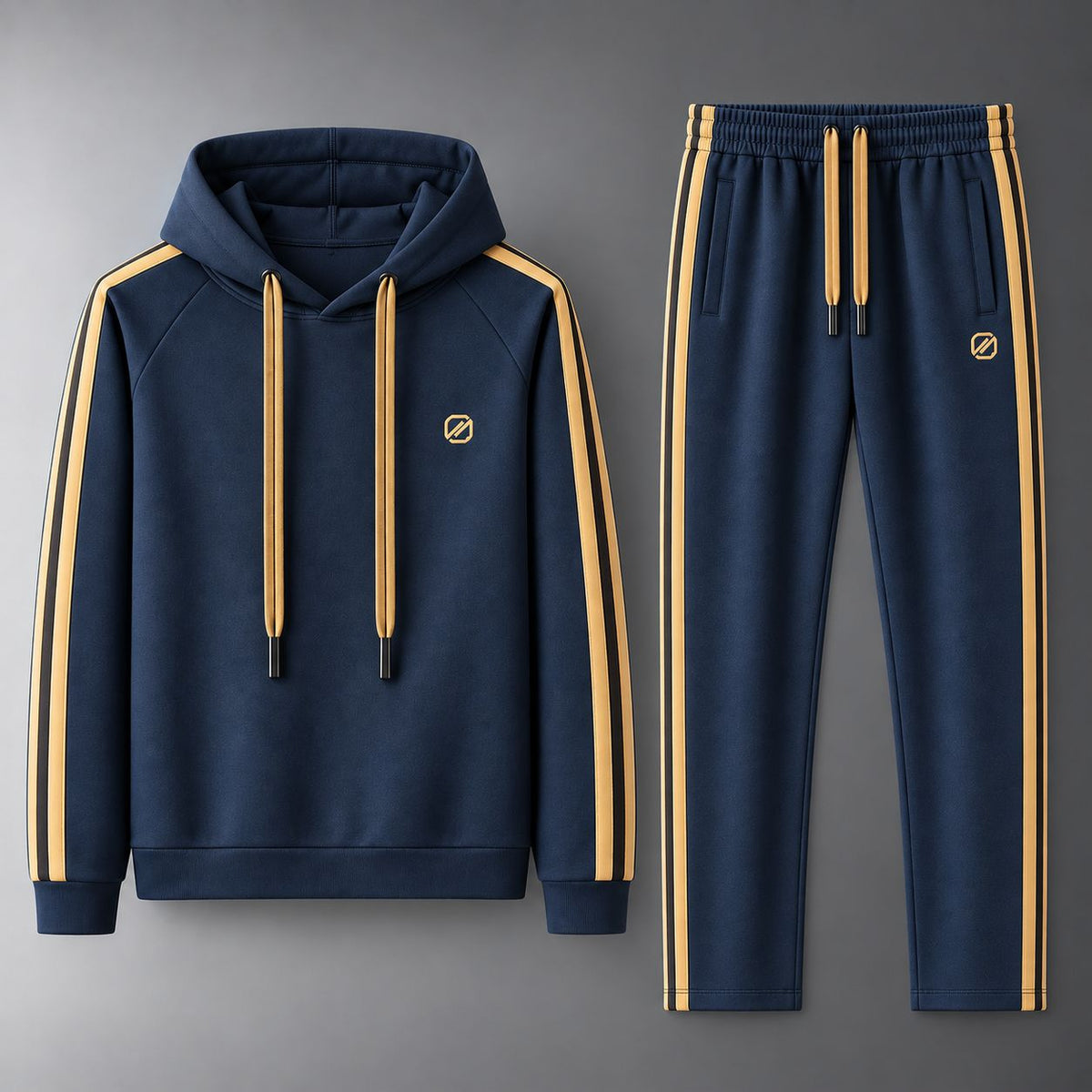 Midnight blue men's hoodie and matching pants shown as a complete two-piece set