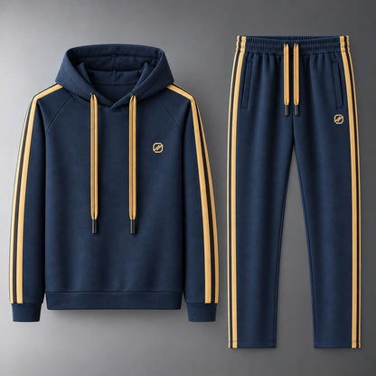 Midnight blue men's hoodie and matching pants shown as a complete two-piece set