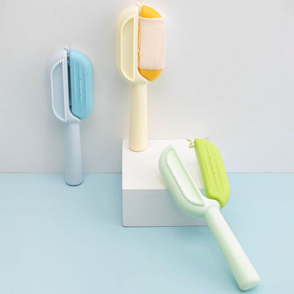 Self-cleaning pet brush shown in multiple colors