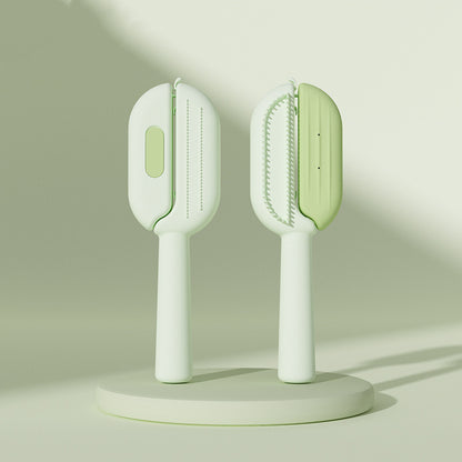 Green self-cleaning pet brush with dual-sided grooming design
