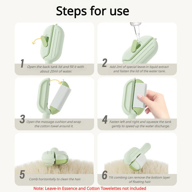 Instructions showing how to use the self-cleaning pet brush