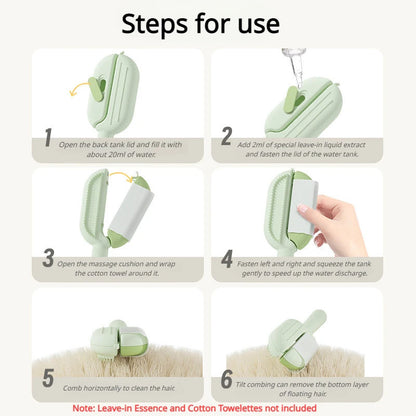 Instructions showing how to use the self-cleaning pet brush