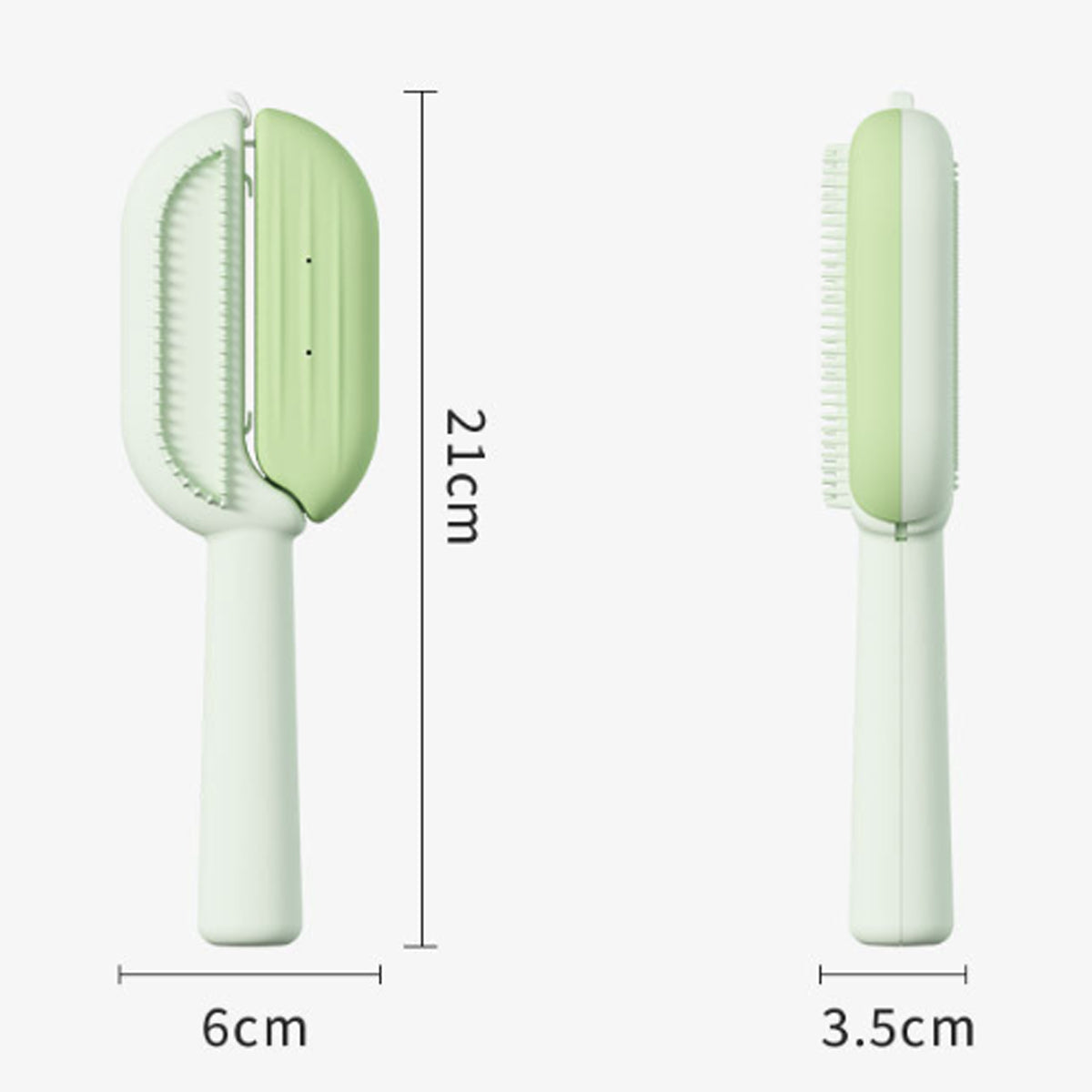 Size guide showing the dimensions of the self-cleaning pet brush