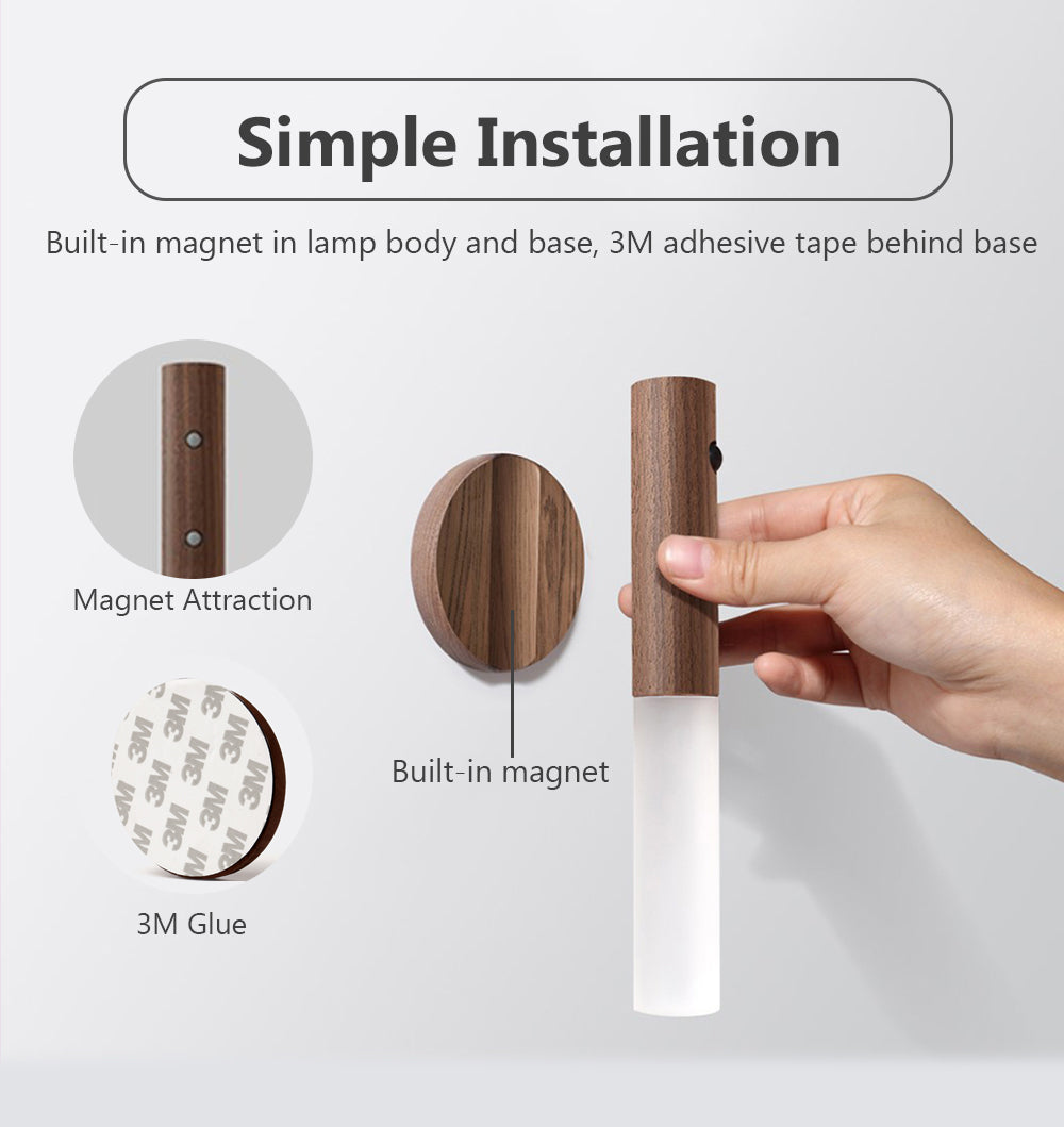 Wall-mounted lamp with built-in magnet and 3M adhesive tape, hand holding the lamp.
