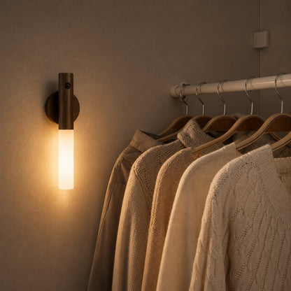Motion Sensor Night Light illuminating a closet with warm light
