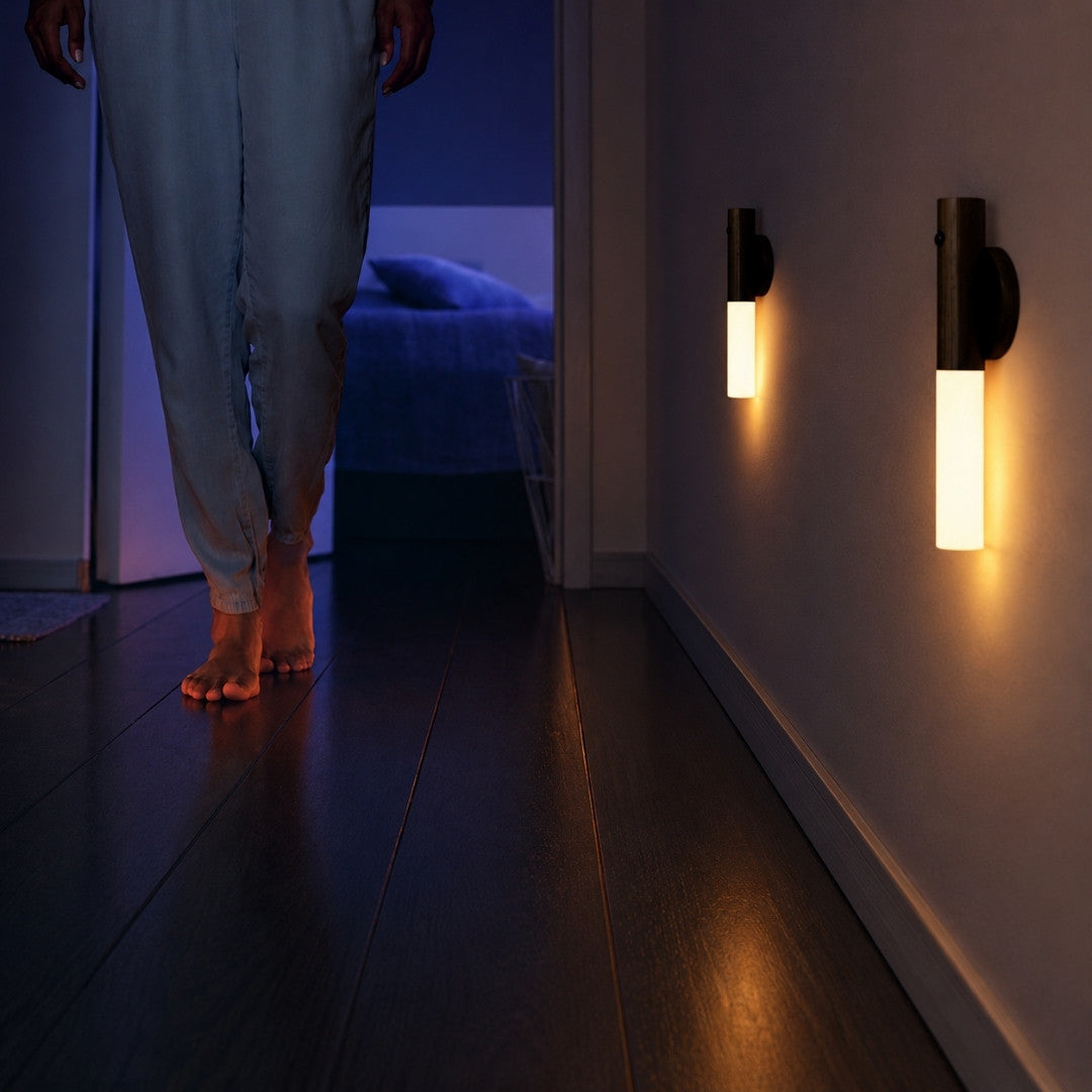 Motion Sensor Night Light automatically illuminating a dark hallway