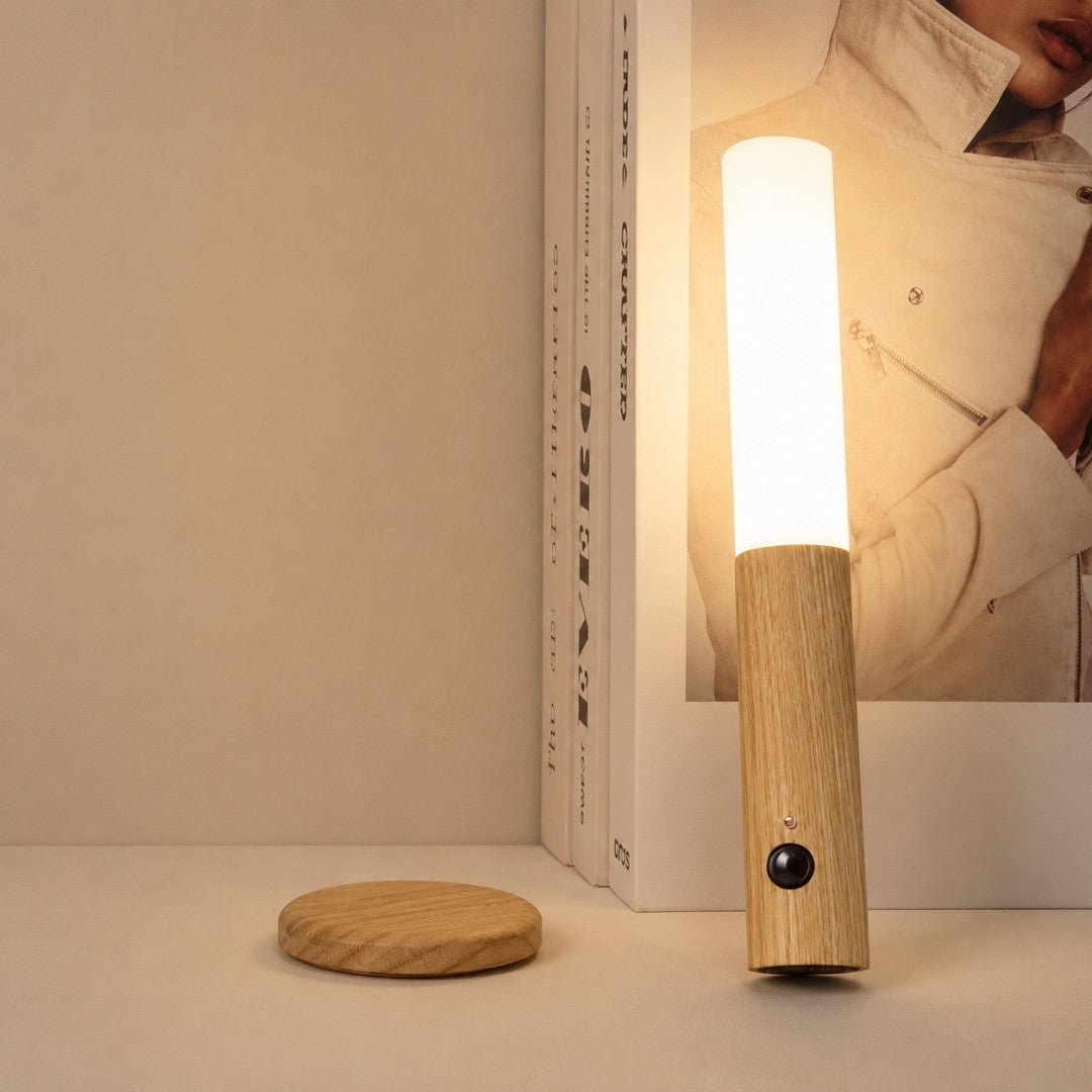 Motion Sensor Night Light with a natural wooden finish and warm LED illumination