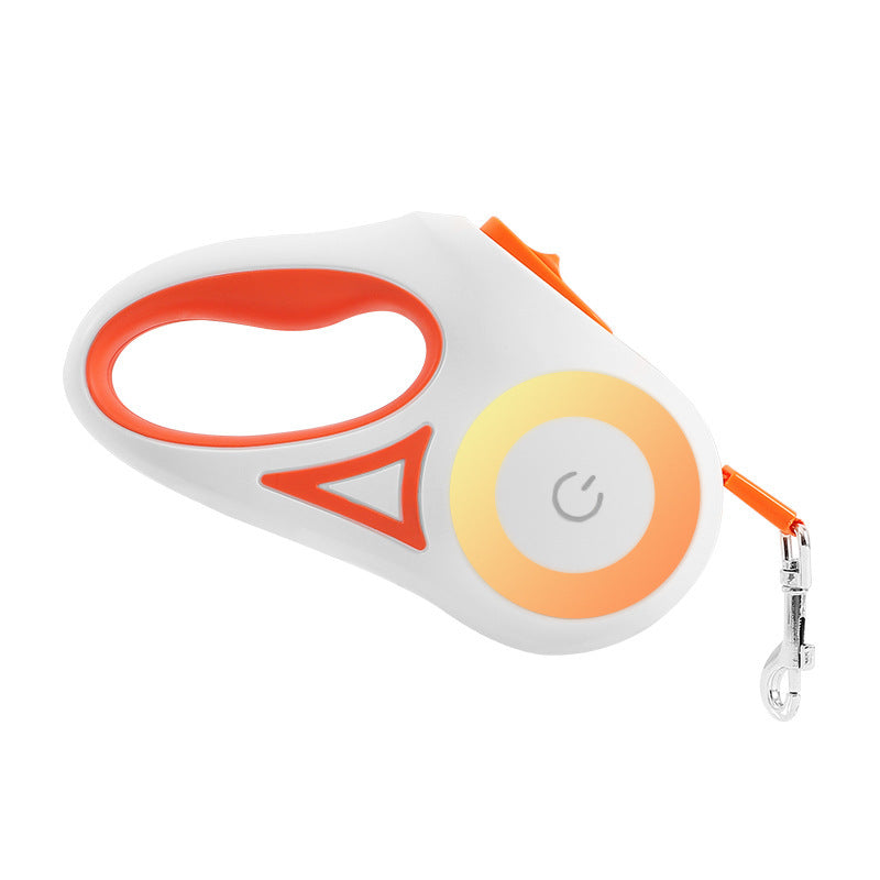 Orange retractable dog leash with LED spotlight and metal clip