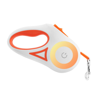 Orange retractable dog leash with LED spotlight and metal clip
