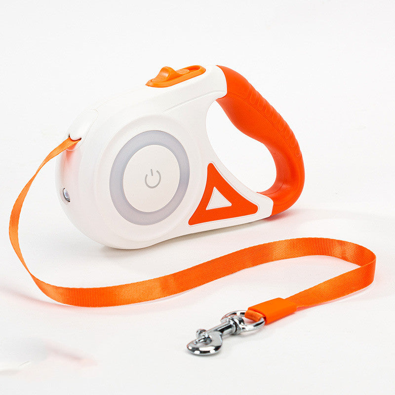 White and orange retractable dog leash on a white background