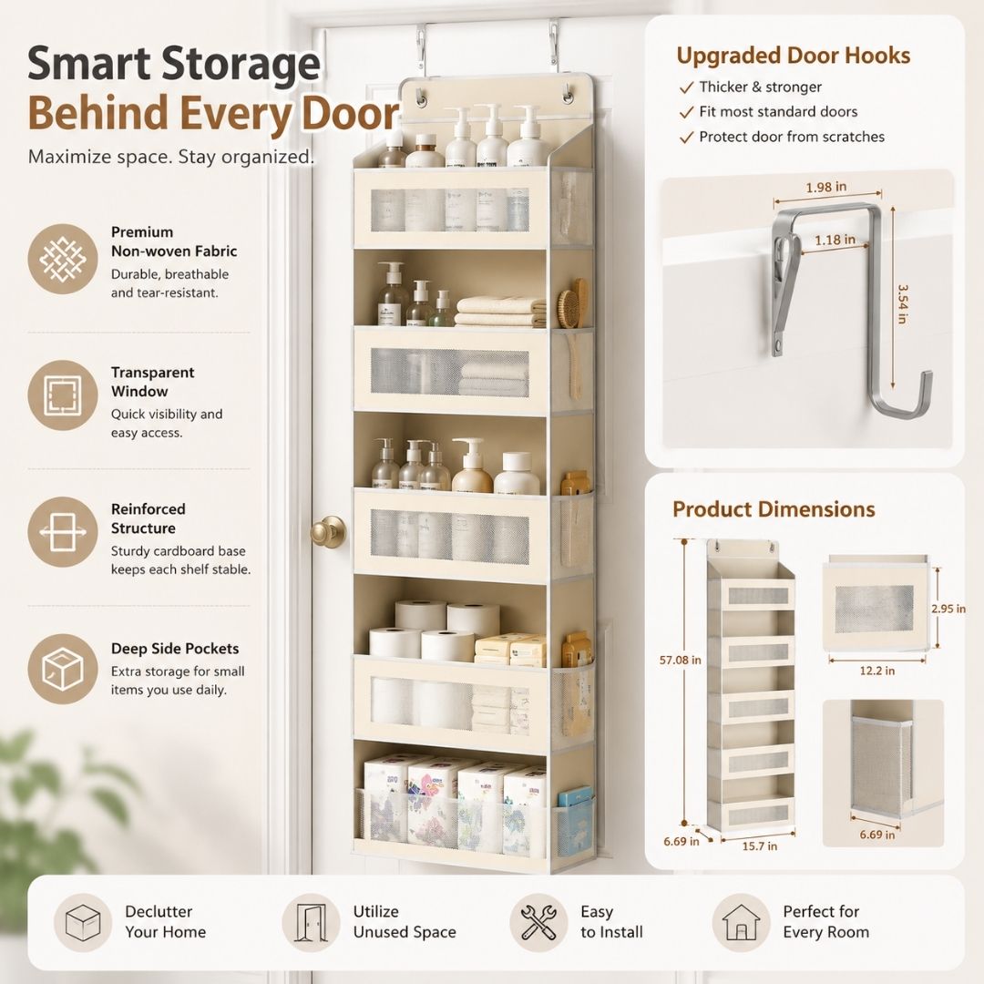 Over Door Storage Organizer featuring upgraded metal hooks, reinforced structure, transparent windows, side pockets, and product dimensions.