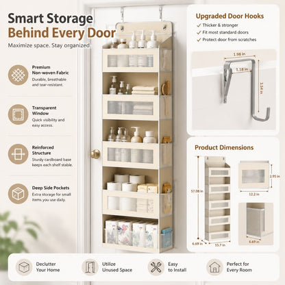 Over Door Storage Organizer featuring upgraded metal hooks, reinforced structure, transparent windows, side pockets, and product dimensions.