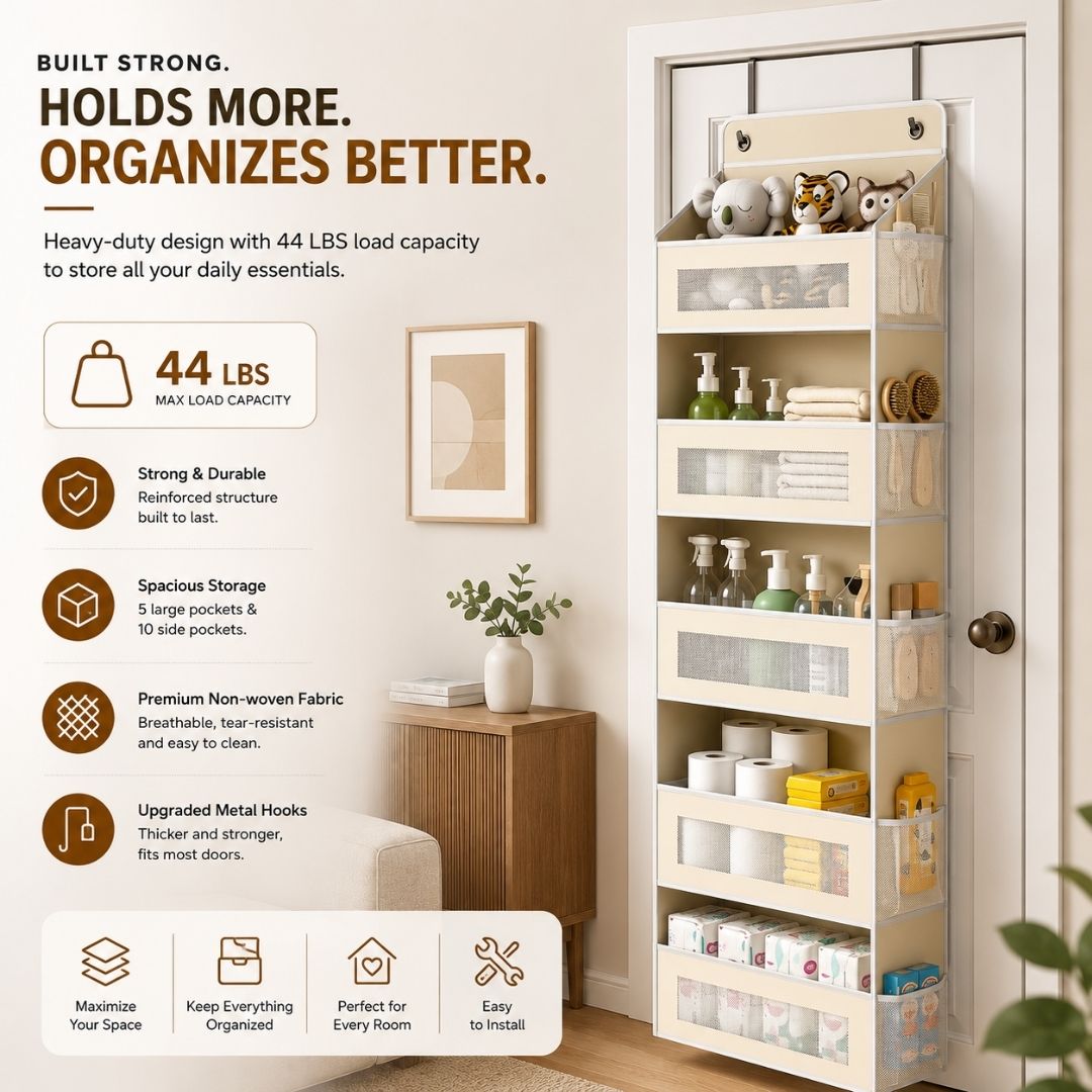 Heavy-duty over door storage organizer with a 44 lb load capacity, durable non-woven fabric, and reinforced metal hooks.