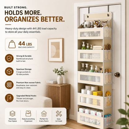 Heavy-duty over door storage organizer with a 44 lb load capacity, durable non-woven fabric, and reinforced metal hooks.