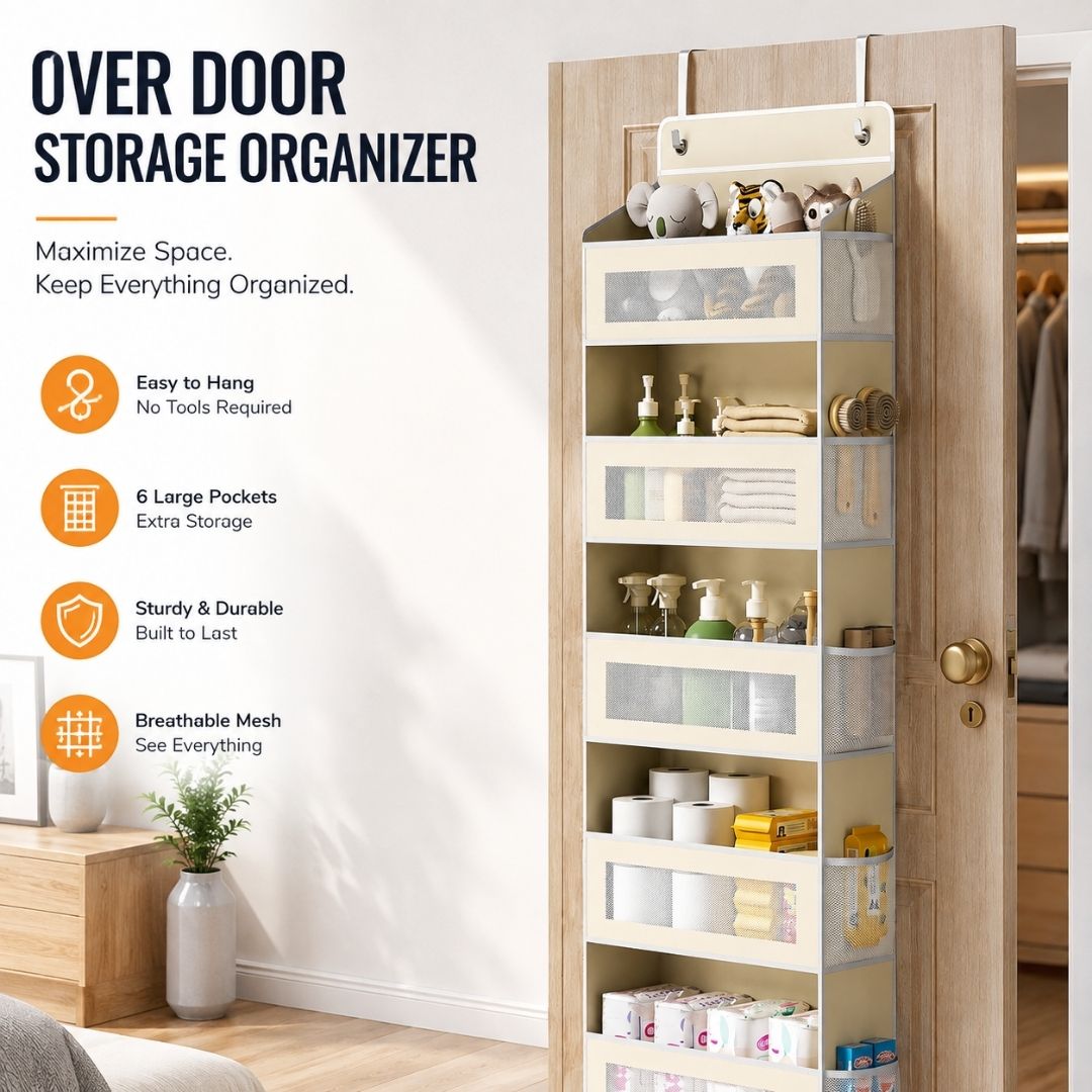 Over Door Storage Organizer hanging on a bedroom door, providing space-saving storage with large front pockets and mesh side pockets.