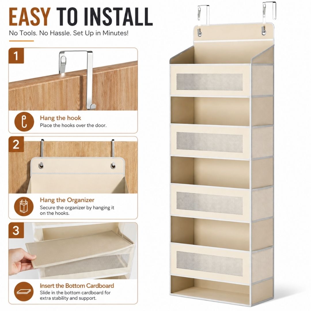 Step-by-step installation guide showing how to hang the hooks, attach the organizer, and insert the bottom support board.