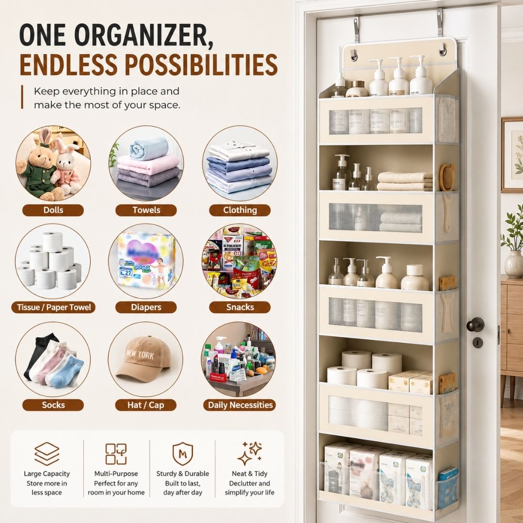 Multi-purpose over door organizer storing towels, clothes, tissue rolls, diapers, snacks, socks, hats, and everyday essentials.