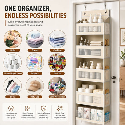 Multi-purpose over door organizer storing towels, clothes, tissue rolls, diapers, snacks, socks, hats, and everyday essentials.