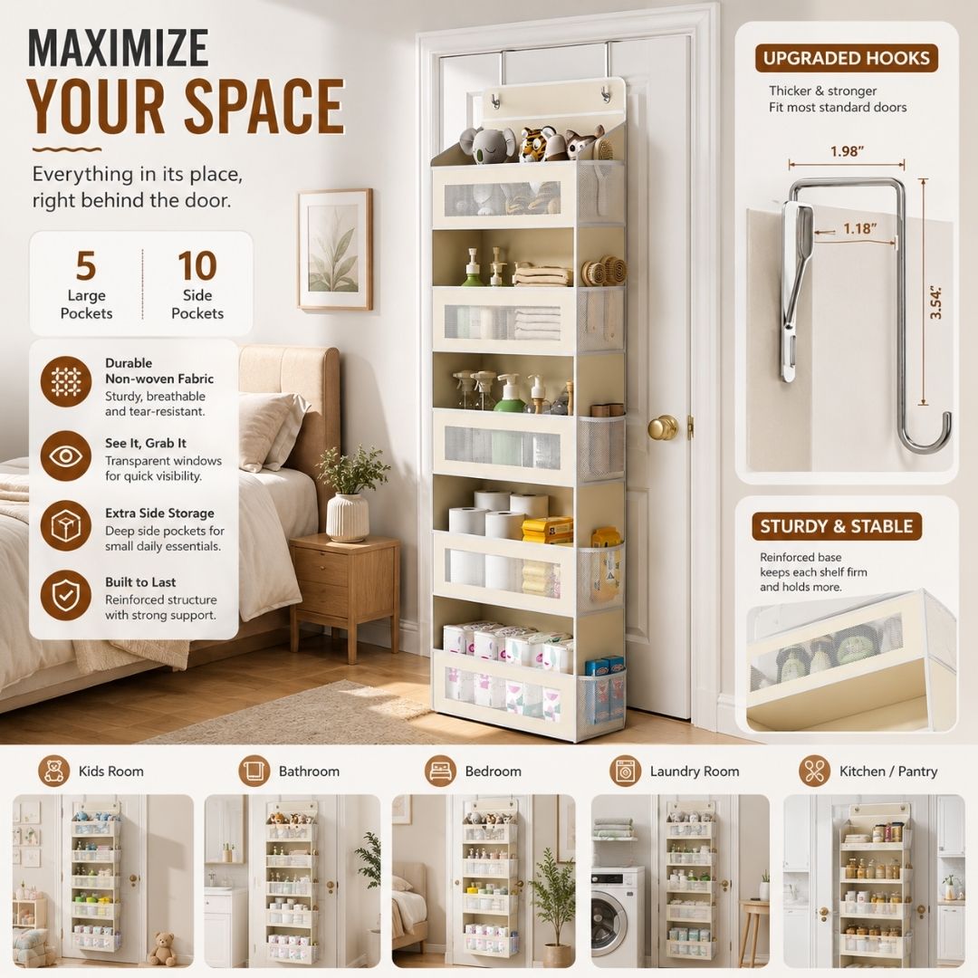 Space-saving over door organizer with five large pockets, ten side pockets, reinforced construction, and upgraded metal hooks.