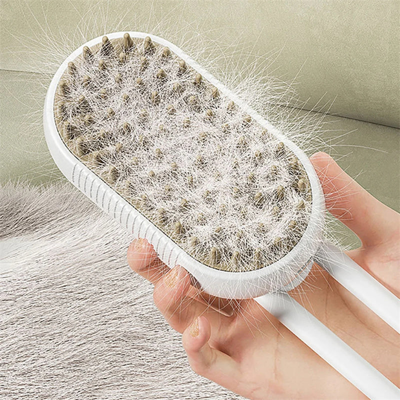 Pet grooming brush collecting loose hair from a coat during brushing