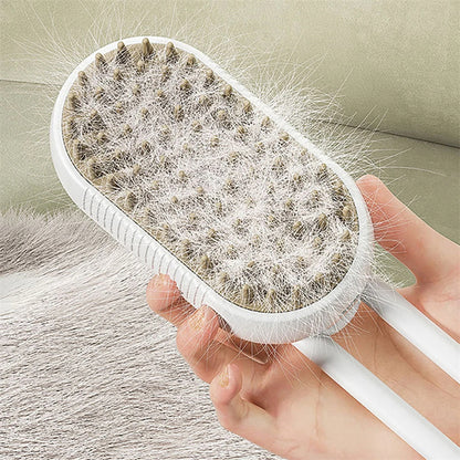 Pet grooming brush collecting loose hair from a coat during brushing