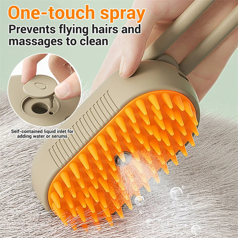 Pet grooming brush with one-touch mist spray for gentle coat grooming