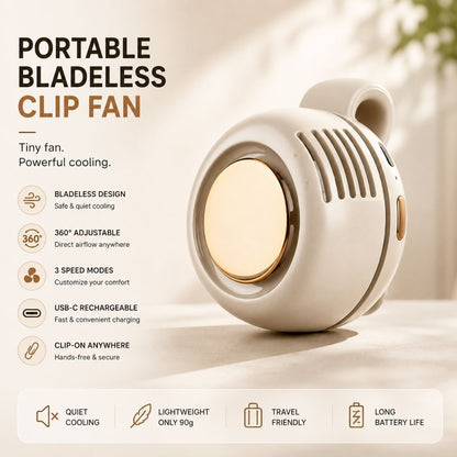 Close-up of the portable bladeless clip fan highlighting its compact design, quiet cooling technology, and secure clip.