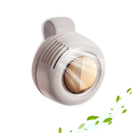 Portable bladeless clip fan with adjustable airflow and compact design on a white background