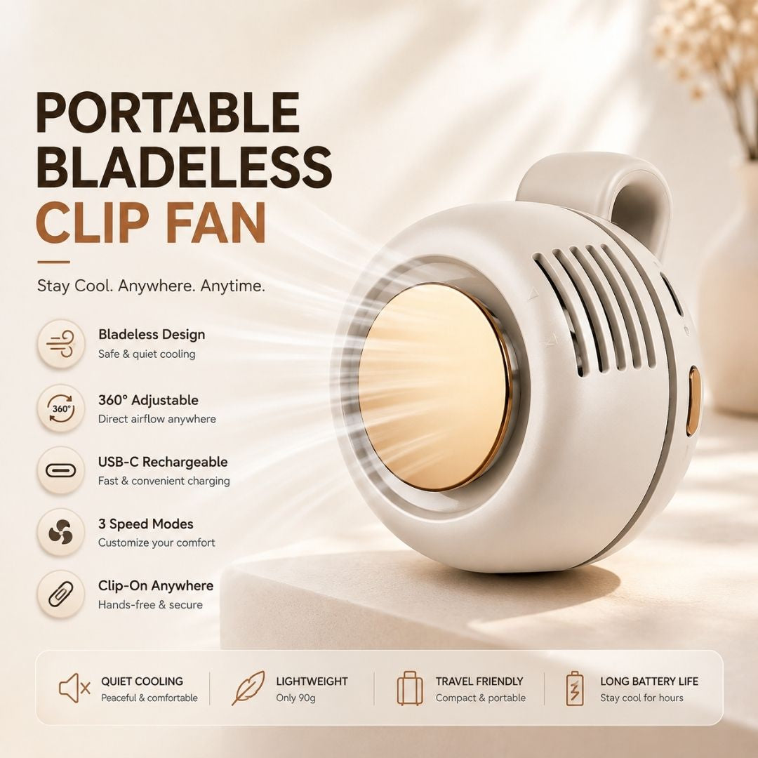 Portable bladeless clip fan with 360° adjustable airflow, USB-C rechargeable battery, 3 speed modes, and hands-free clip-on design.