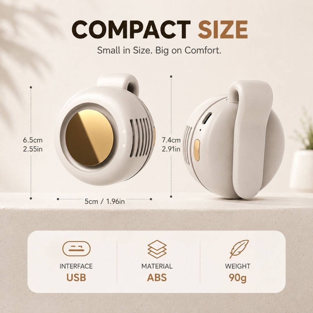 Portable bladeless clip fan dimensions showing compact 90g lightweight design with USB interface and ABS construction.