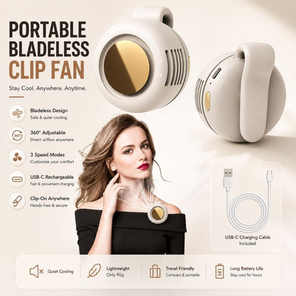 Portable bladeless clip fan worn on clothing providing hands-free personal cooling with USB-C rechargeable design.