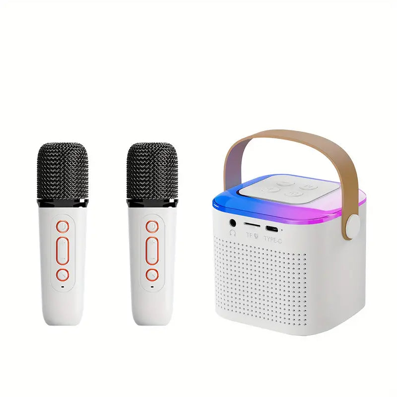 Portable karaoke speaker with two wireless microphones and RGB LED lighting