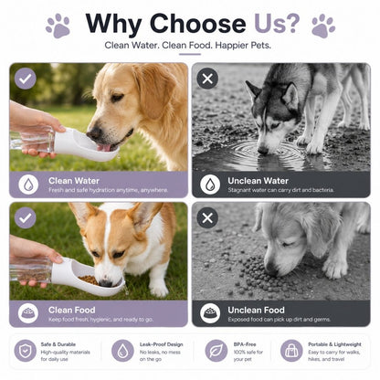 Portable pet water bottle providing clean drinking water and fresh food compared with unsafe outdoor alternatives.