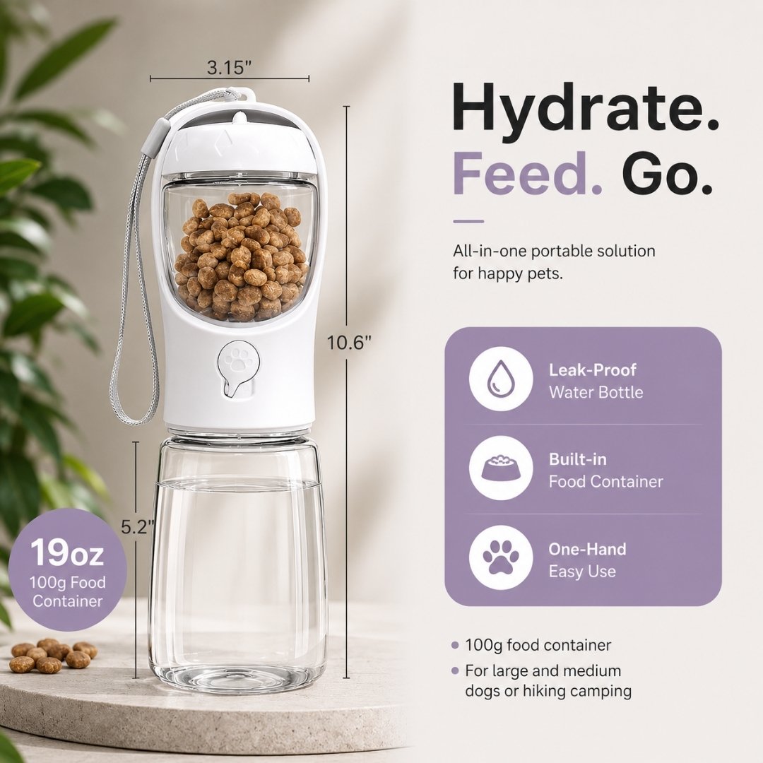 Portable pet water bottle dimensions showing 19 oz water capacity, built-in food container and leak-proof travel design.