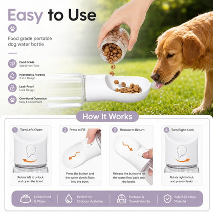 How to use the portable pet water bottle with one-touch water dispensing, leak-proof lock and food storage.