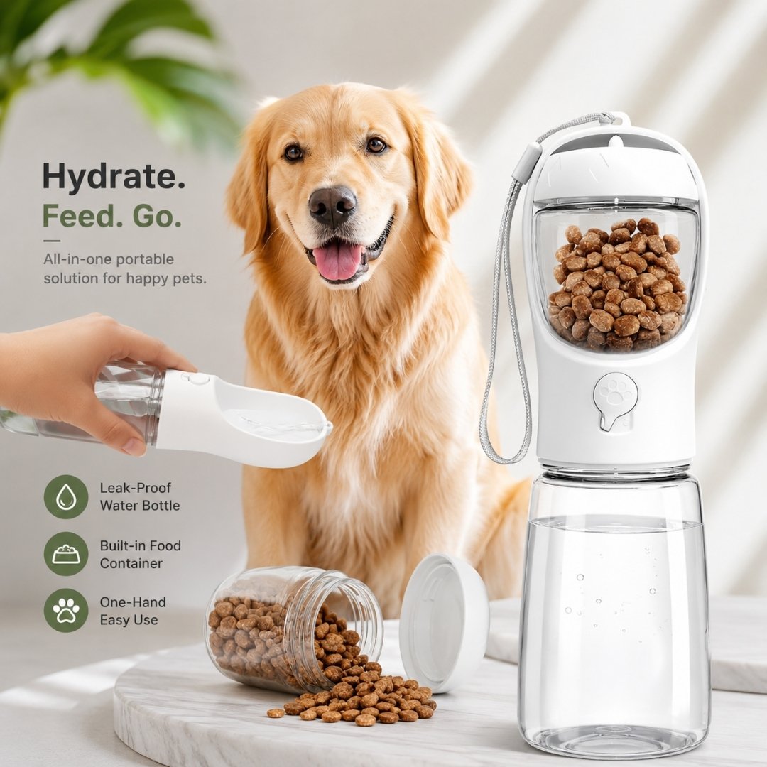 Portable pet water bottle with integrated food container, one-hand operation and leak-proof design for dogs.