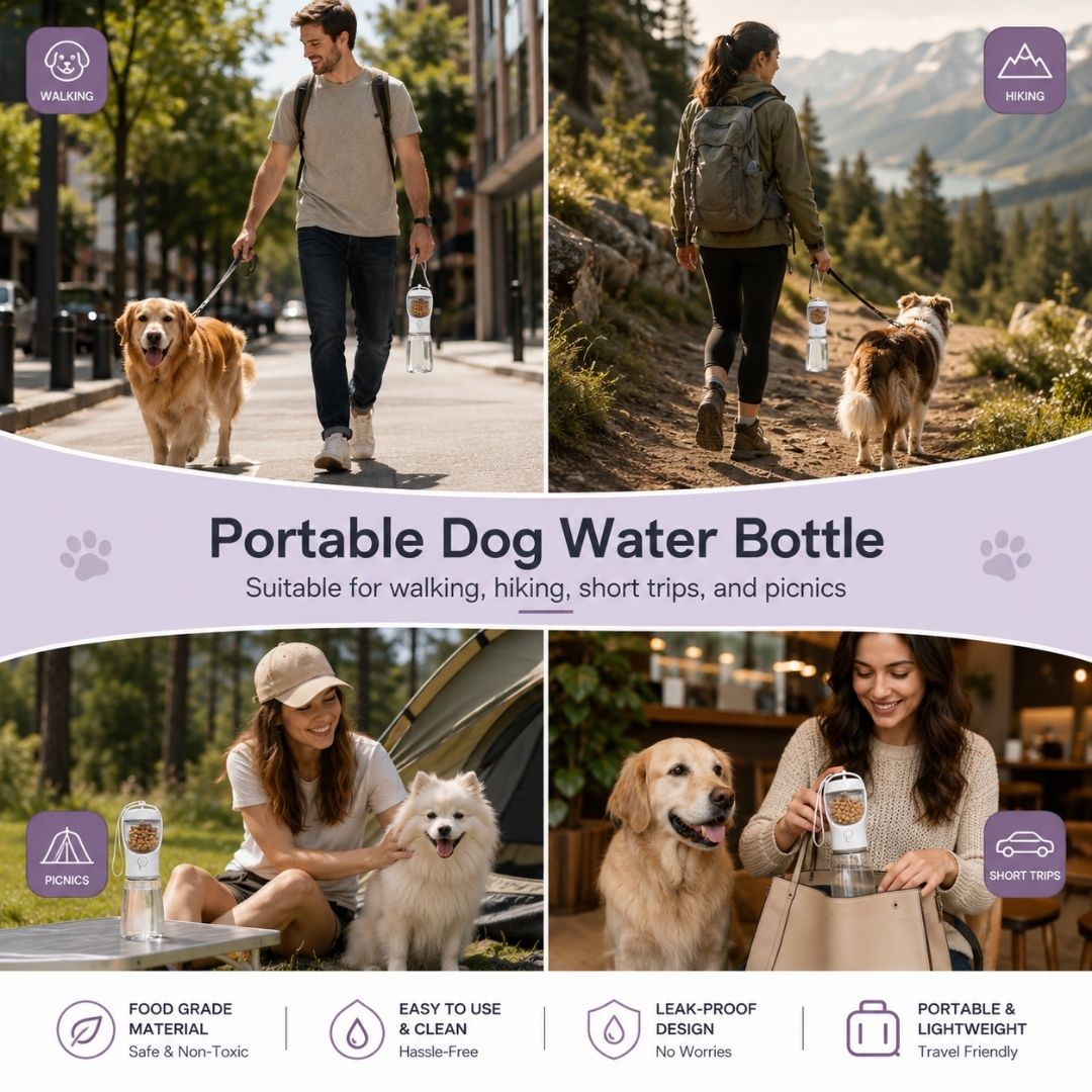 Portable pet water bottle for walking, hiking, camping, road trips and everyday outdoor adventures with dogs.