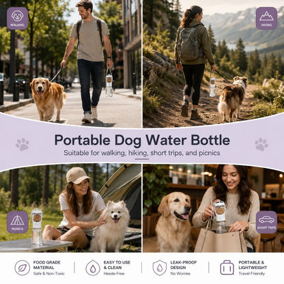 Portable pet water bottle for walking, hiking, camping, road trips and everyday outdoor adventures with dogs.