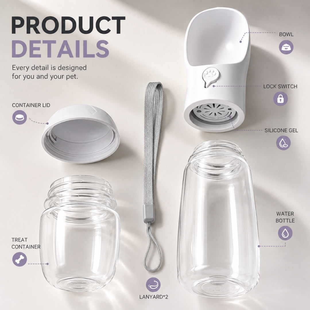 Portable pet water bottle product details featuring hand strap, leak-proof bowl, food container and BPA-free materials.