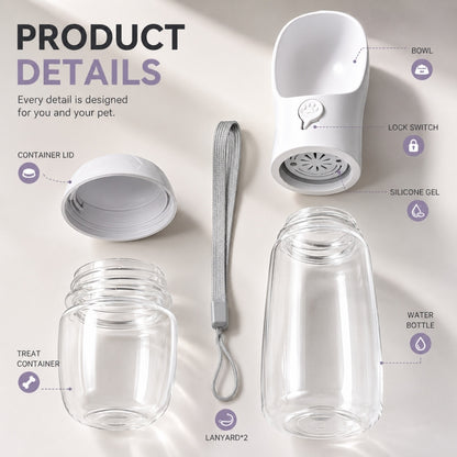 Portable pet water bottle product details featuring hand strap, leak-proof bowl, food container and BPA-free materials.