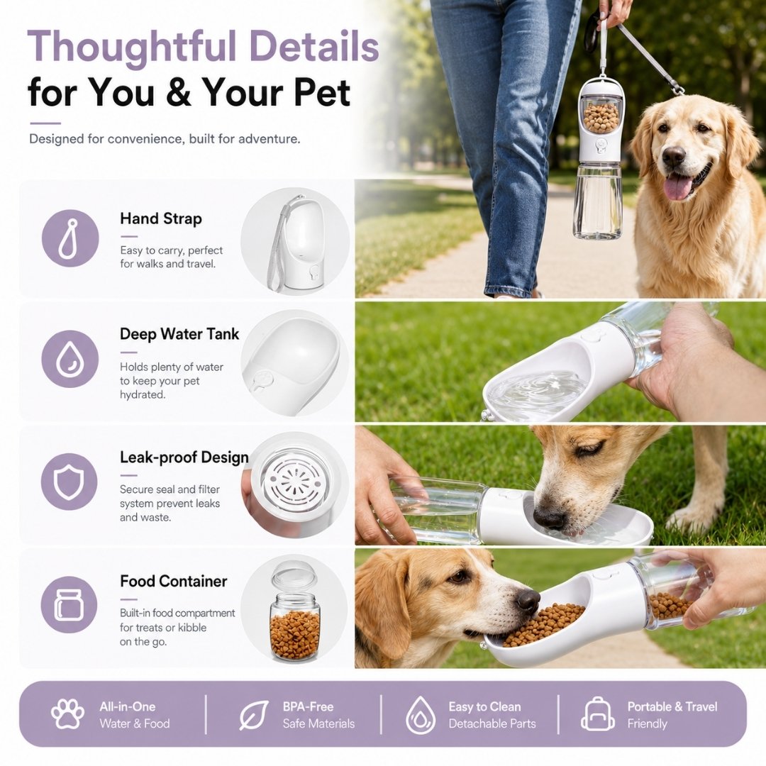 Portable pet water bottle with food storage designed for convenient hydration and feeding while traveling with pets.