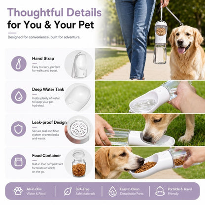 Portable pet water bottle with food storage designed for convenient hydration and feeding while traveling with pets.