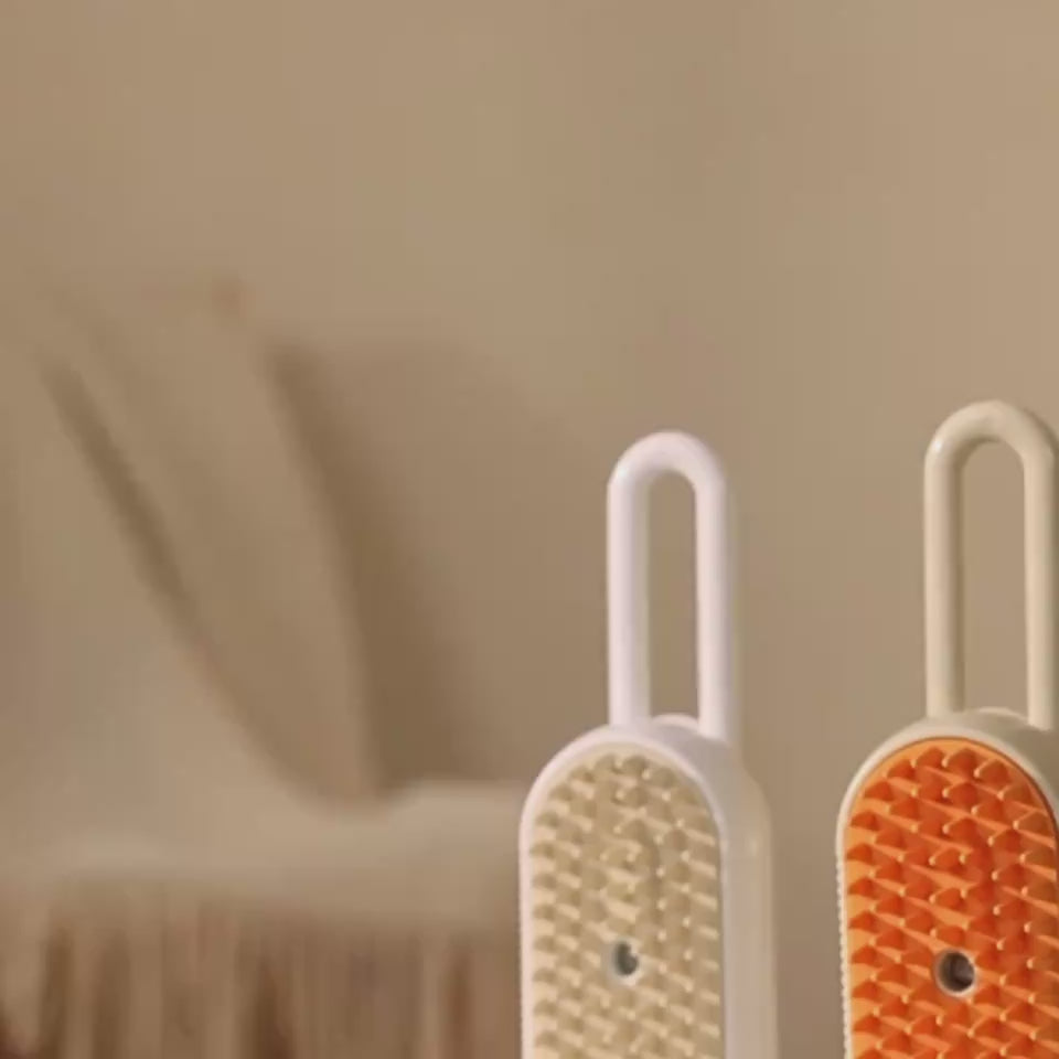 3-in-1 electric pet grooming brush demonstration showing brushing, mist spray, and gentle grooming functions
