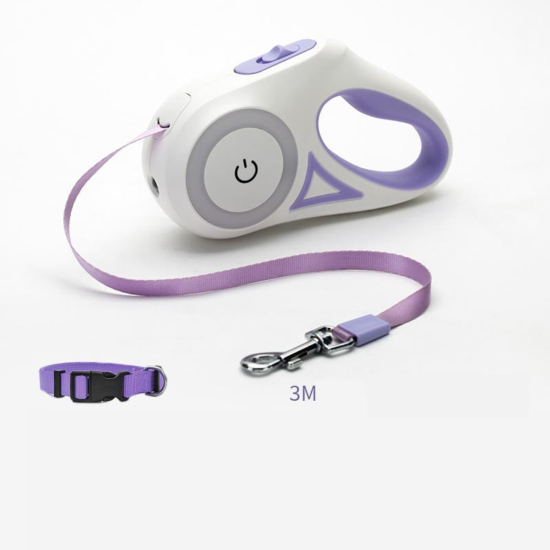 Retractable dog leash with purple collar and leash on a white background