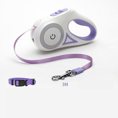 Retractable dog leash with purple collar and leash on a white background